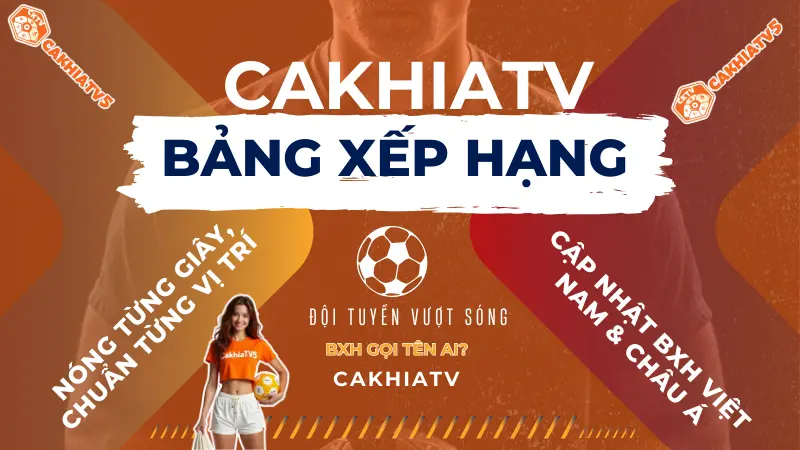 Bảng xếp hạng bóng đá Việt Nam và châu Á trên CakhiaTV – theo dõi vị trí các đội tại V.League, Asian Cup, AFC Champions League.